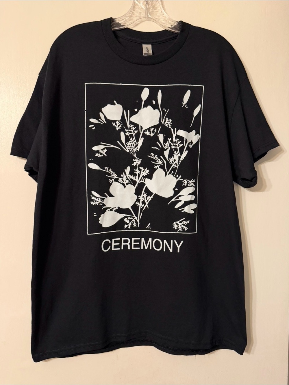Gildan Black Short-Sleeve Tee with White Floral 'Ceremony' Punk Band Print Sz L